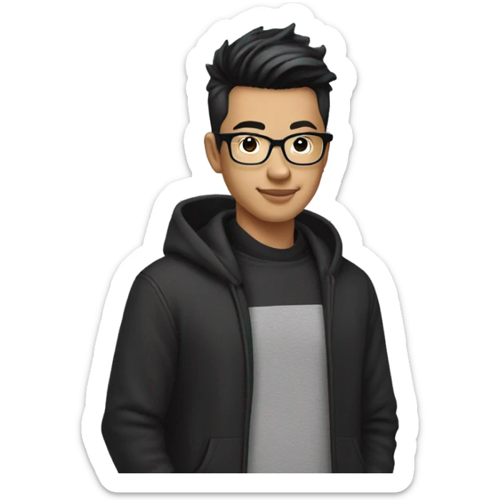 25 year old Asian male with glasses and pompadour hair, black hoodie sticker