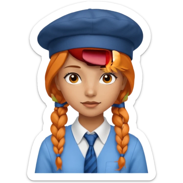 orange braided hair girl, wearing white shir, a brown berret Hat, Blue Necktie sticker