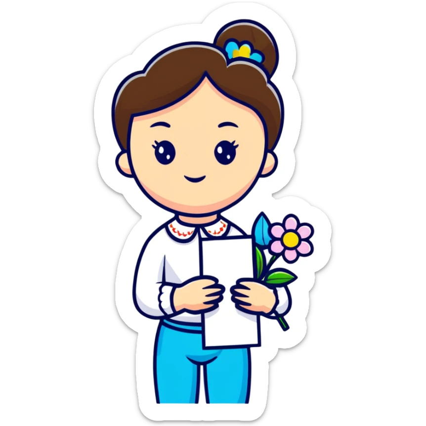 Ukrainian young girl in white embroidered shirt holding colored paper and a flower sticker