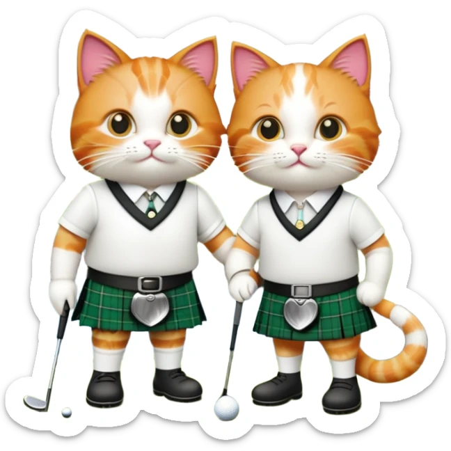 two cats in love playing golf in Scotland, wearing kilts, with a famous Scottish landmark in the background sticker