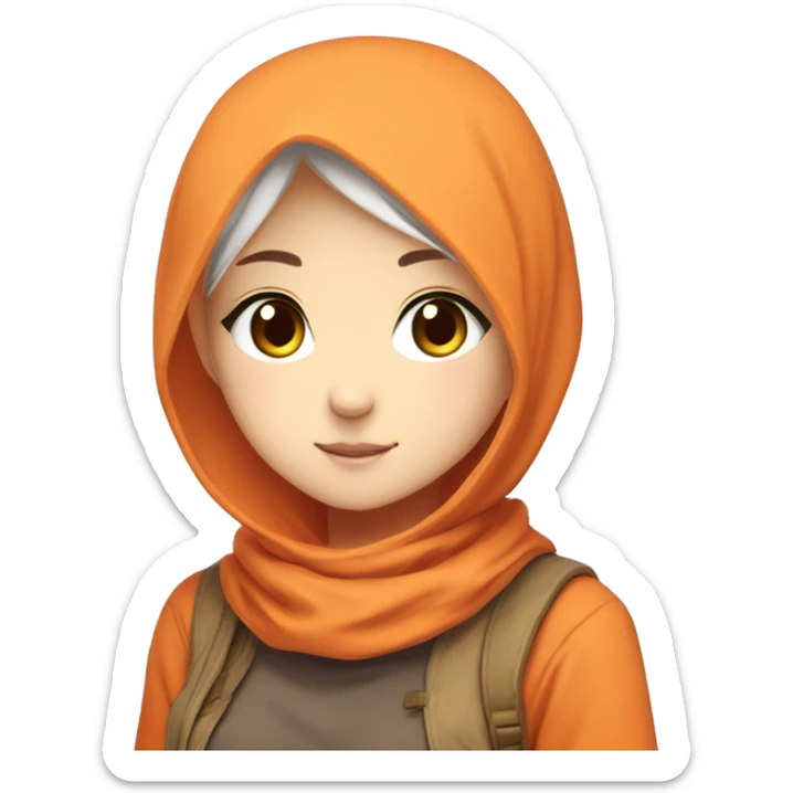anime girl hijab sweet white skinned peanime female adventurer in orange sweater right angle hand sticker