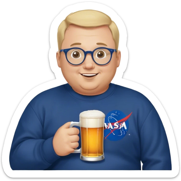 happy chubby man, drinks a beer,  blond short and hight receding hairline, wearing a dark blue sweatshirt, nasa logo on the sweatshirt, round glasses without frame, 40 years old sticker