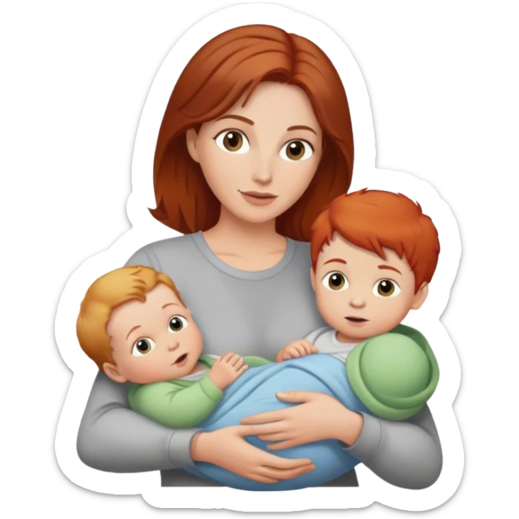 A mother with brown hair holds a red-haired baby and a blond boy  sticker