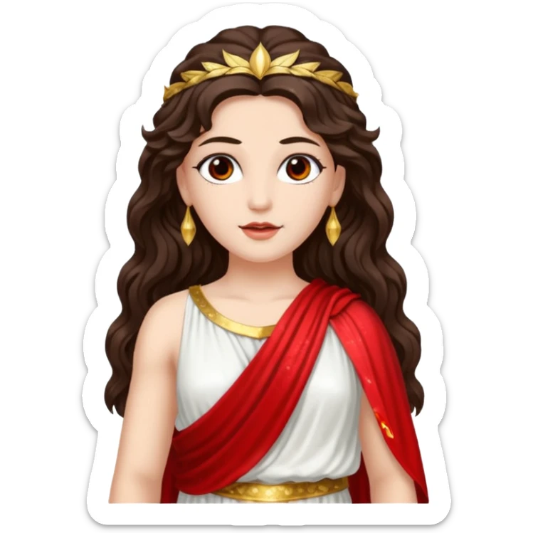 Libertas, Goddess of Freedom from Roman Deities with long dark brown wavy hair, white and red sequin toga sticker