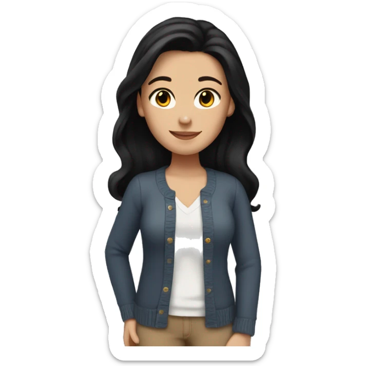 White girl with shoulder length black hair, no bangs, wearing a cardigan and jeans. sticker