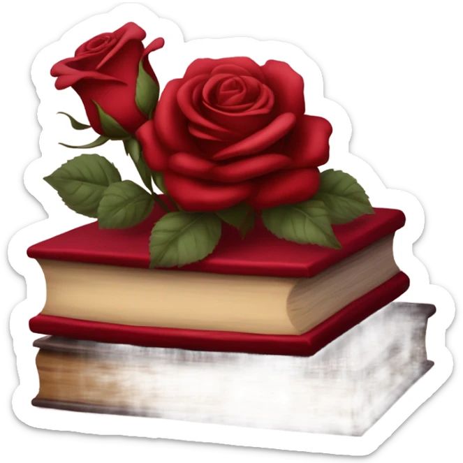 A red stack of books with a maroon bouquet of vintage-style roses and a silk ribbon sticker