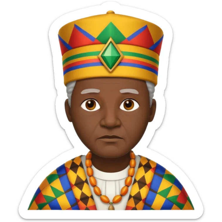 Create an emoji of an Old serious African king wearing kente cloth, white shirt and kufi hat sticker