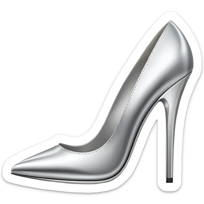 A pair of high heel shoes emoji made of polished silver chrome, elegant sharp silhouette, smooth metallic surface, glossy reflections, luxury sexy vibe, minimalistic iOS emoji style, centered, clean white background sticker