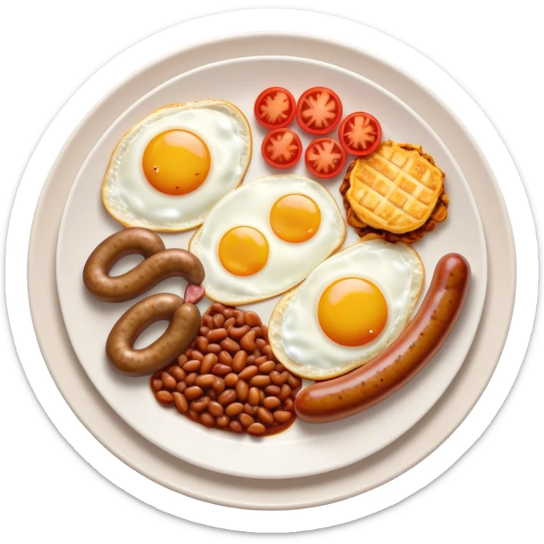 English Breakfast Cinematic Realistic English Breakfast Dish Emoji, depicted as a hearty plate featuring 2 sizzling sausages, a central serving of baked beans, 2 perfectly fried eggs, 2 sliced grilled tomatoes, 2 grilled mushrooms, and a triangle-shaped hash brown, rendered with vivid textures and warm, inviting lighting. sticker