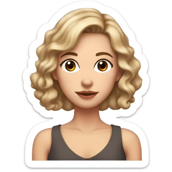 Woman with brown hair with spit blonde underneath, wavy at her shoulders. Brown eyes. Peachy lips with no cupids bow. Subtle freckle spots around her face. sticker