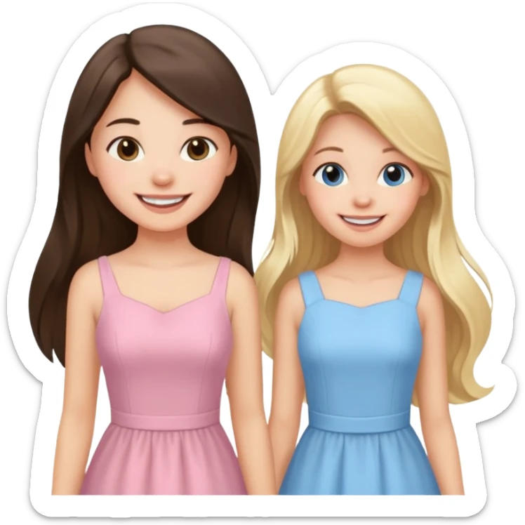 happy long hair brunette girl in light pink dress and blonde girl in light blue dress sticker