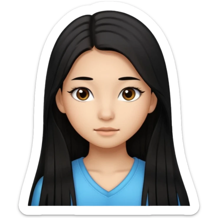 a tan chinese-american 15 year old girl with middle part long straight black hair down to her chest dark brown eyes. .eyelashes  sticker