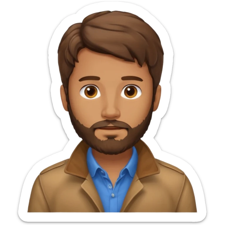 Avatar of a bearded man with wavy brown hair, wearing a brown jacket over a blue shirt, on a light blue background. sticker