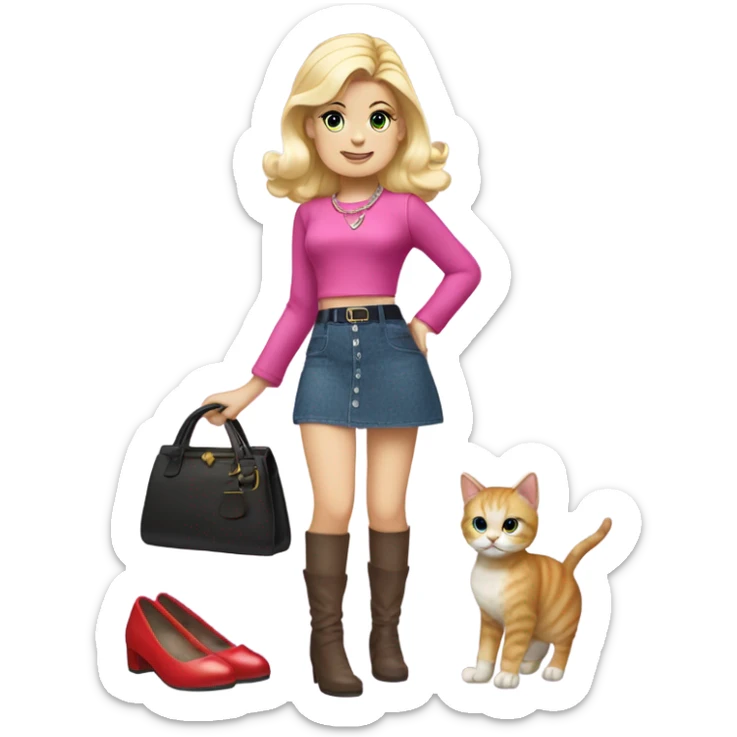 Blonde Nighty Brights Francie. Enid Sinclair. Mini-skirt, pumps, bracelet, earrings, purse , tights,go-go boots, Going out with Slippers the kitten.  sticker