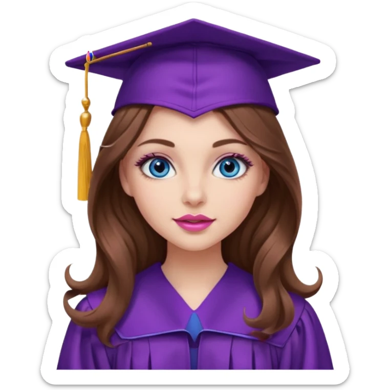 girl with wavy long brown hair, blue eyes, long lashes makeup, sexy pink lips, wearing a purple graduation cap and gown sticker