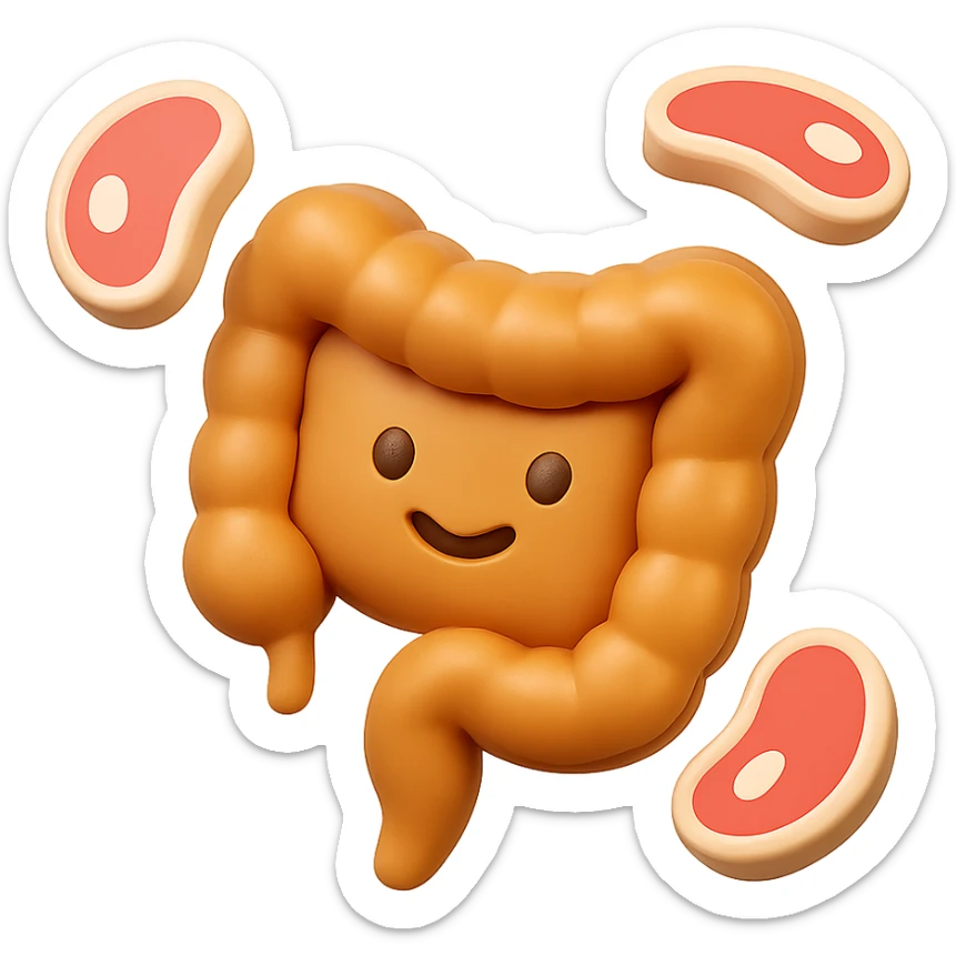 emoji stile iphone in 3d di un intestino con fette di carne che gli fluttuano intorno sticker
