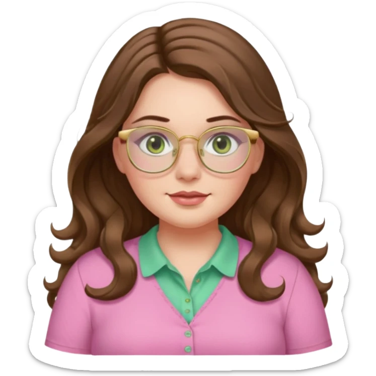 Girl girl long wavy brown hair with middle part, pale green eyes, plus size, pink shirt, gold rimmed glasses sticker