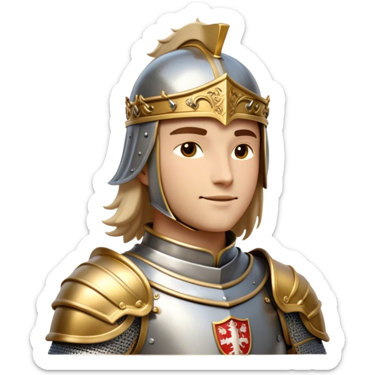 Clash of Clans aesthetic: Beautiful and Majestic Knight Portrait Emoji, Rendered in serene valor with a gentle, confident smile and regal bearing, showcasing a refined, elegantly armored form with polished heraldic accents and softly closed eyes in natural skin tone, Simplified yet exquisitely endearing features, highly detailed, glowing with a soft, majestic light, high shine, calm and heroic, stylized with an air of timeless chivalric grace, soft glowing outline, capturing the essence of a majestic knight whose noble spirit inspires epic quests! sticker