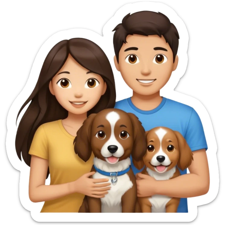 Long hair brunette asian girl and brunette Asian male couple happy. Only 2 people and a dog   sticker
