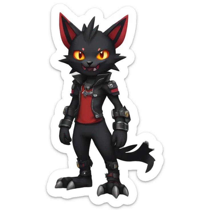 Black Anthro Cool Punk Noibat-Litten-Fakemon-fursona with fangs and red markings Full Body sticker