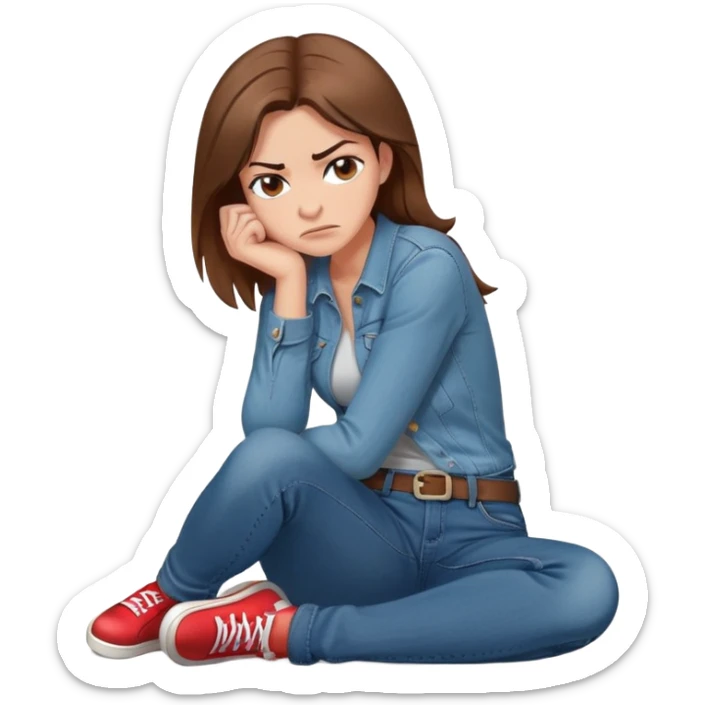 angry woman with brown hair sitting in profile on a floor hugging her knees in jeans avoiding conversation  sticker