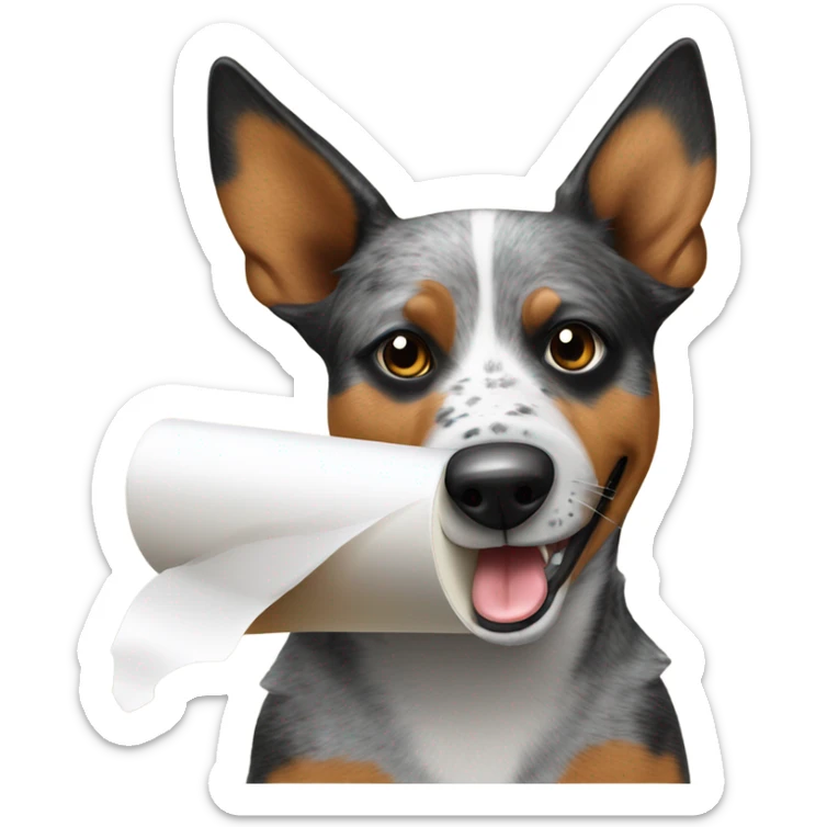 Australian cattle dog holding a toilet paper roll in mouth sticker