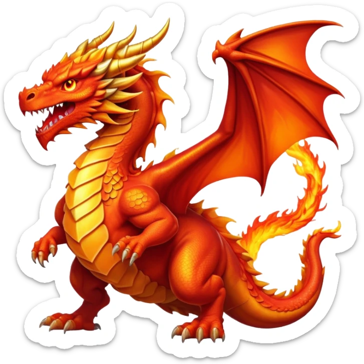 cinematic-noble-fierce-fire-dragon-full body-emoji,-poised-and-imposing,-with-a-muscular,-scaled-body-ablaze-in-fiery-hues-of-crimson,-molten-orange,-and-molten-gold,-and-intense,-burning-eyes-that-mirror-the-heart-of-a-volcano;-rendered in detail, displaying hi sticker