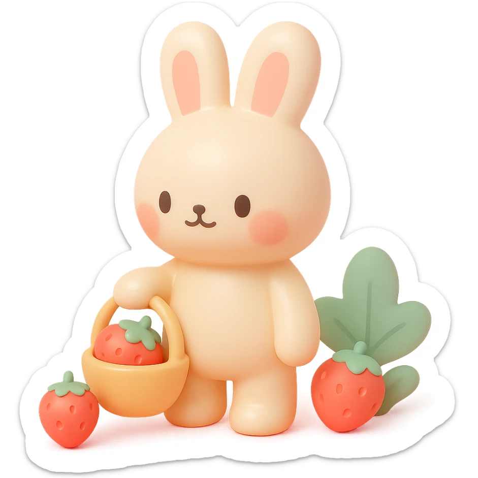 bunny picking strawberries in the woods, sweet pastel red, vinyl figure style sticker