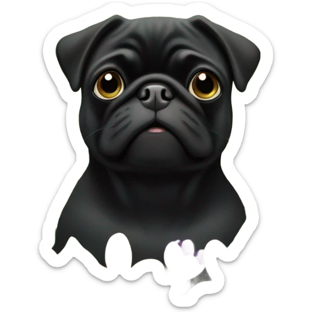 Black pug , surrounded by flowers, holding a green sign that says “good luck”  sticker