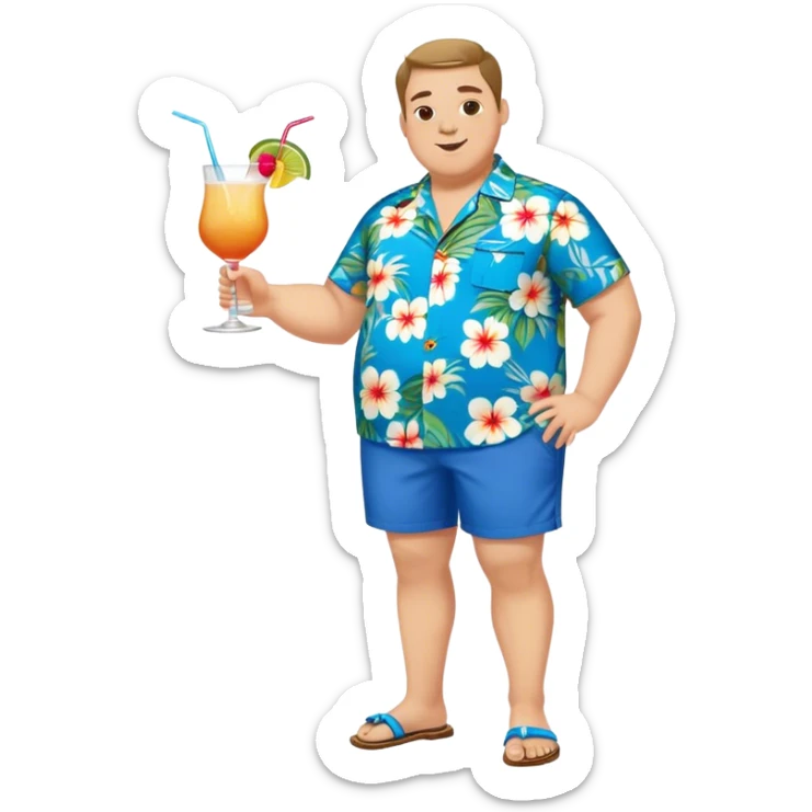 chubby guy full figure in a flowered azure havai shirt, brown shorts and flippers holding a cocktail sticker