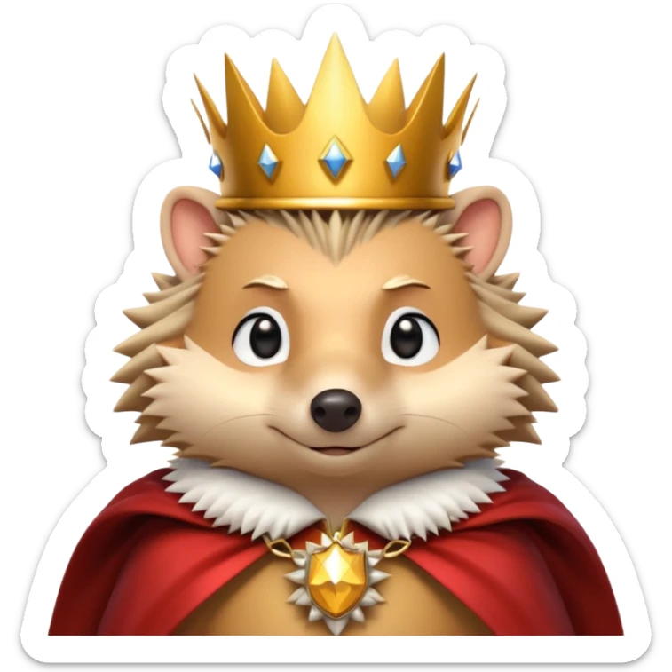 king hedgehog portrait, head and shoulders only, wearing a small golden crown, royal cape collar, proud confident expression, cute spiky fur details, fantasy royal vibe, 3D cartoon, mobile game icon style, clean background, no text, no watermark
 sticker