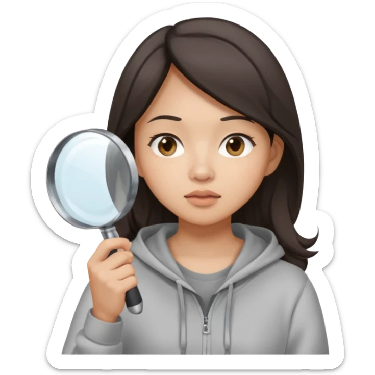 A brunette asian woman wearing hoodie holding a large magnifying glass and squinting at something to intently sticker