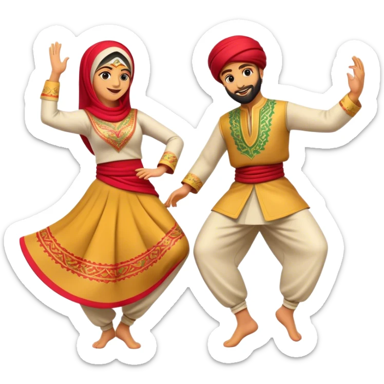 Cinematic Realistic Dabke Dance Emoji, depicted as an energetic traditional Lebanese folk dance with vibrant costumes and rhythmic movements, rendered with dynamic textures and festive natural lighting that captures its communal joy. sticker