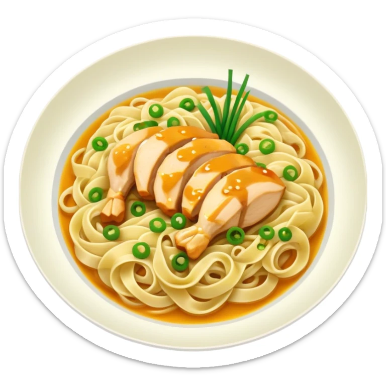 A plate of noodles with yellow sauce and chicken at the top sticker