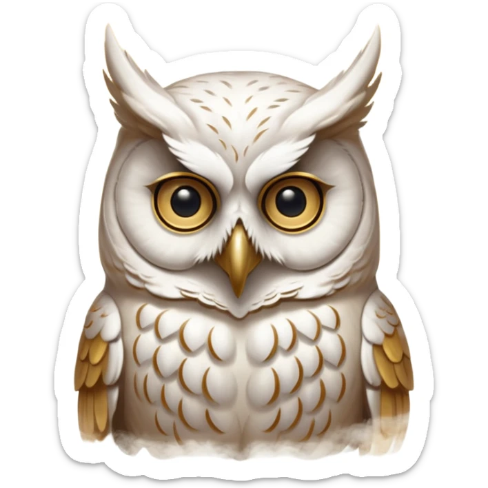 portrait of an ancient owl spirit known as “The White Owl of Oaths.”
Pale owl face emerging from mist and shadow.
No visible pupils, eyes glow softly gold or appear as deep void. 
Bone-white, warm gold, and soft shadow tones.
Centered, icon-style framing, limited palette sticker