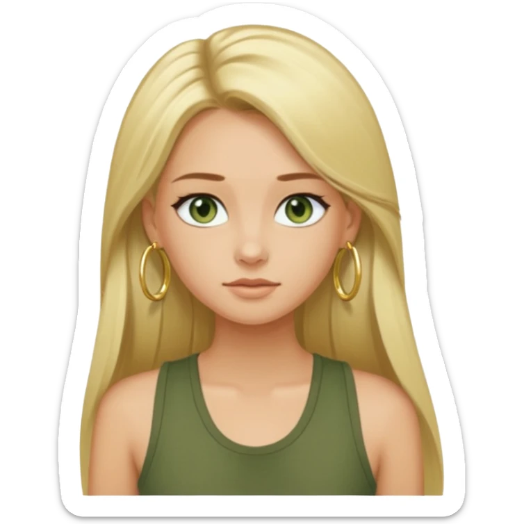 Blonde girl with fair skin but has a tan bluey green eyes long straight hair gold hoop earrings and a army green tank top sticker
