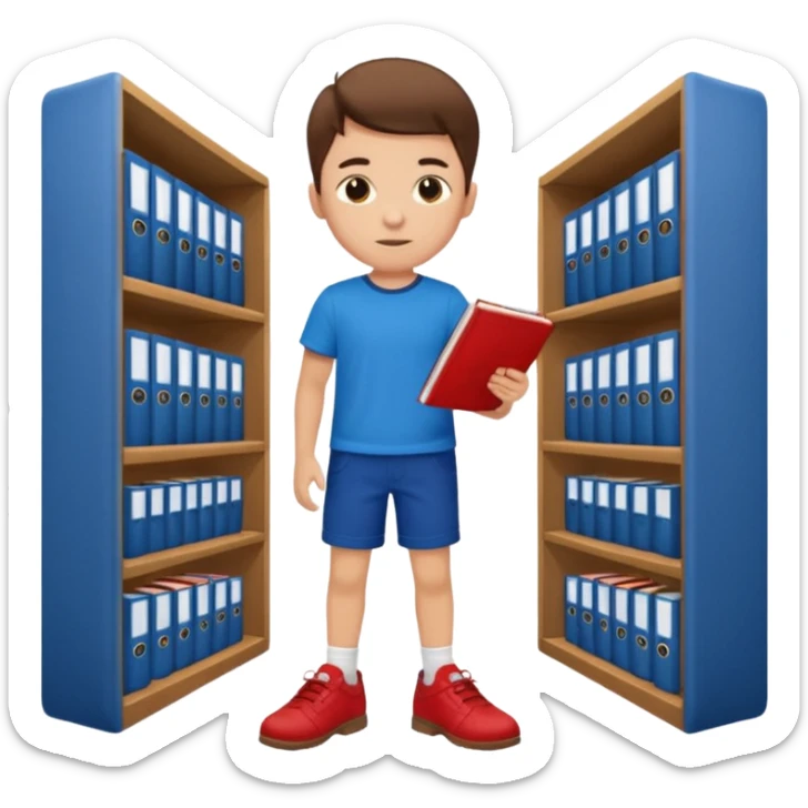 boy with blue short pants, red  short T-shirt, and brown shoes studying at the library sticker