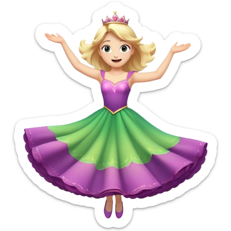 Cinematic Playful Aurora Portrait Emoji, Spinning in her dress, arms gracefully extended, eyes filled with laughter, exuding joy and charm, a princess dancing through her dreams! sticker