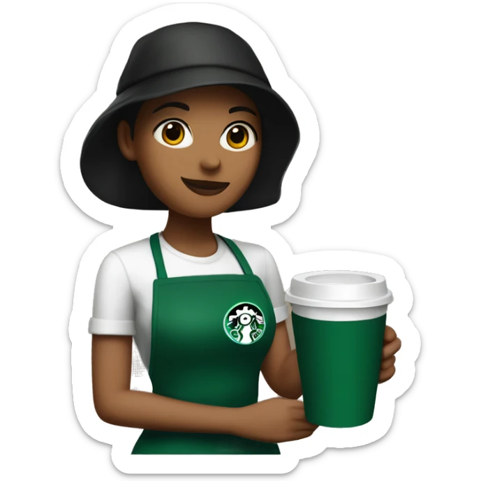 starbucks barista girl with green apron & black cap holding a hot cup of coffee sticker