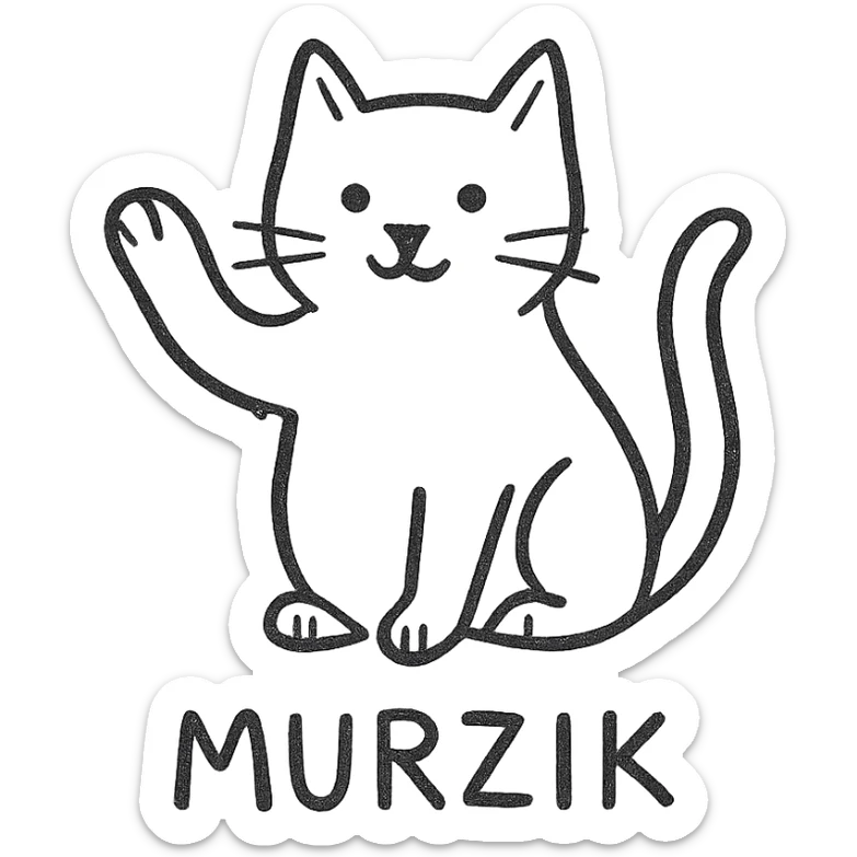 hand-drawn black outline icon of a cat named Murzik, standing with a raised paw sticker