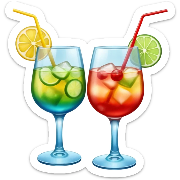 Create an emoji of two cocktails cheers action, one glass of green and yellow color and one glass of blue and red, without any fruit, make a toast asction sticker