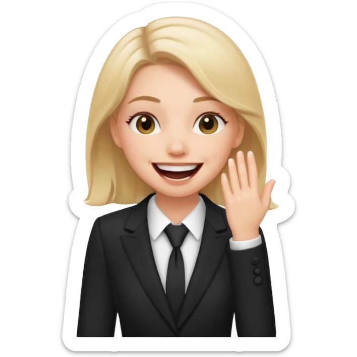 a white girl in a formal suit laughs, covers his mouth with his hand sticker