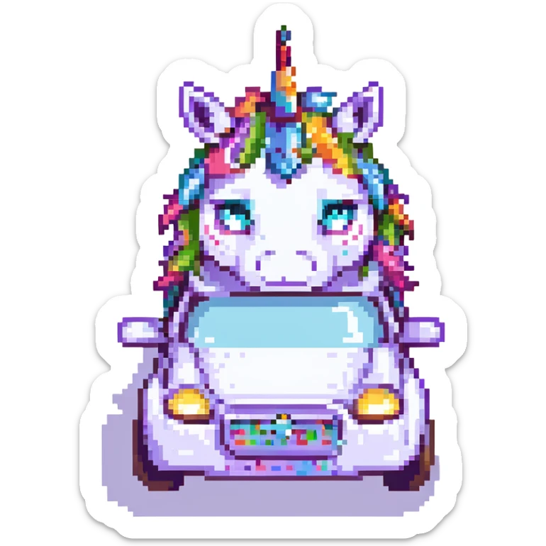 Place a dirty, crumpled unicorn with bags under its eyes, a drooping horn, and a bright shiny headband behind the wheel of a car in a pixel art style. Maintain the pixel art style and the unicorn's described features. sticker