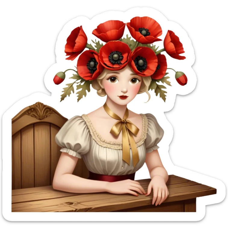 A lush bouquet of deep red poppies tied with a faded gold ribbon, resting on an antique wooden table. Warm brown leaves and golden sunlight add a vintage charm. sticker