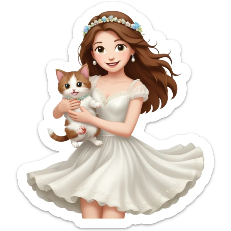 White woman - long hair - white wedding dress - holding a kitten - happy - jumping - fashionable - elegant - bouquet - dreamy - colorful - pearl accessories sticker