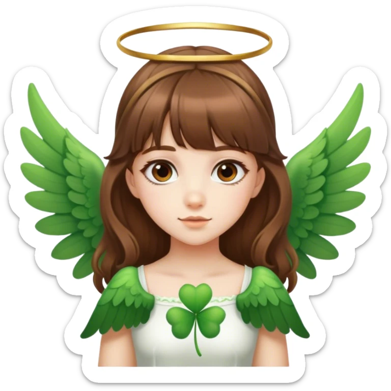 girl in brown hair ant has a cute bangs, wear wings, clover on her hair sticker