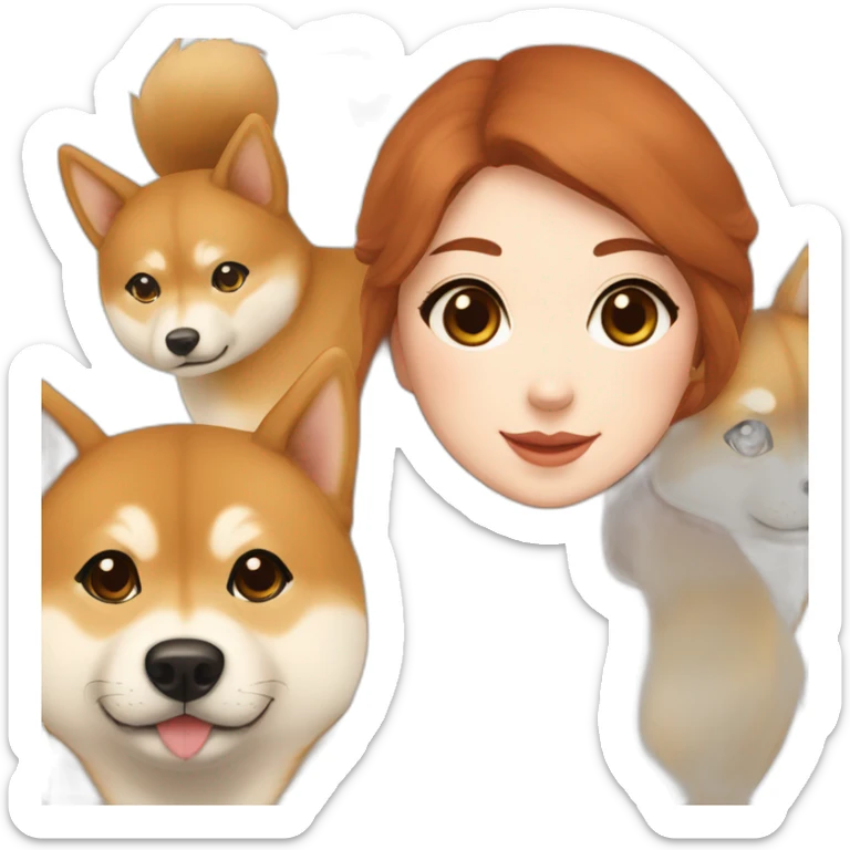 A cute Shiba, a tall white Hokkaido and their mistress, a woman with curly auburn hair sticker