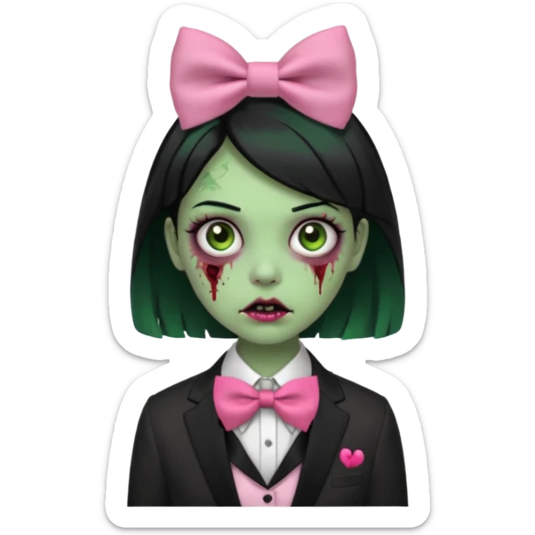 zombie green skin girl, black hair with pink bow tie sticker