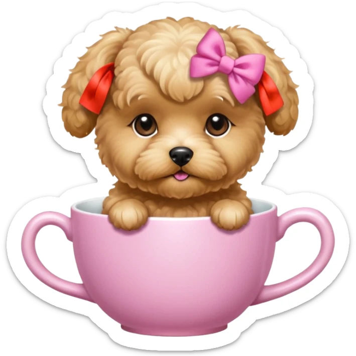 Golden maltipoo dog with pink bow k bow that is very poise make it have a cup of tea sticker