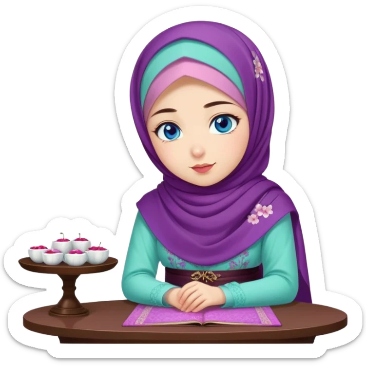 Turkish beautiful finish Konya girl blue eyes with cherry blossom floral purple and mint hijab islamic dress and with yummy Drooling face on the table sticker